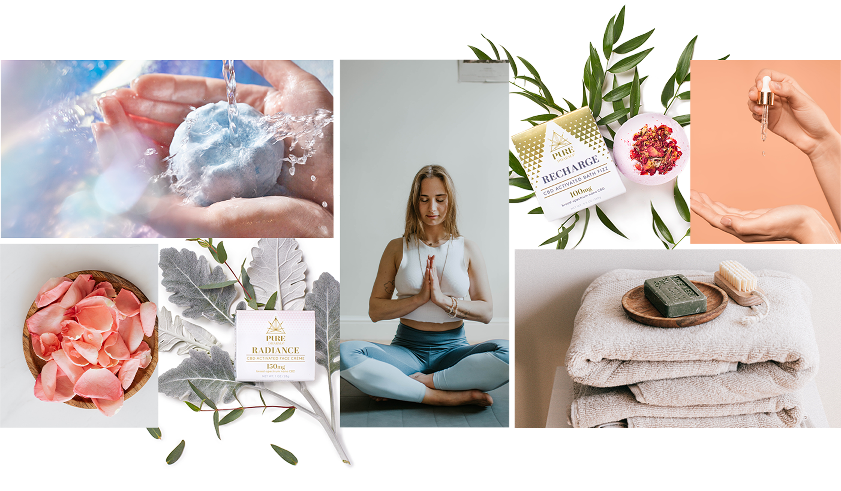 Image Collage Showcasing a Hand Holding a Blue Bath Fizz, Pink Rose Petals in a Wooden Bowl, a Woman doing Yoga, Self-Care Products atop a Folded Bath Towel, and Hands Using a Dropper to Dispense an Oil Serum